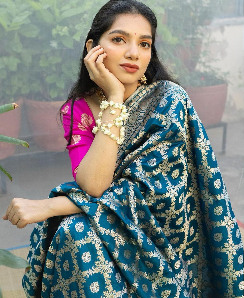 Teal Blue Jacquard Saree 