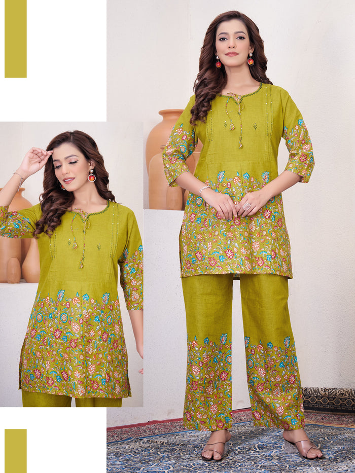 Lemon Yellow Pure Cotton Printed Co-Ord Set – Trendy Women’s Top & Bottom Set