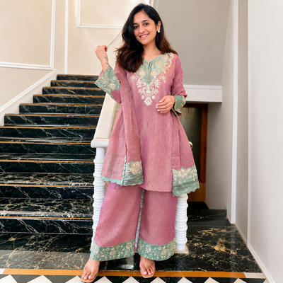 Elegant Dusty Rose Embroidered Kurta Palazzo Set