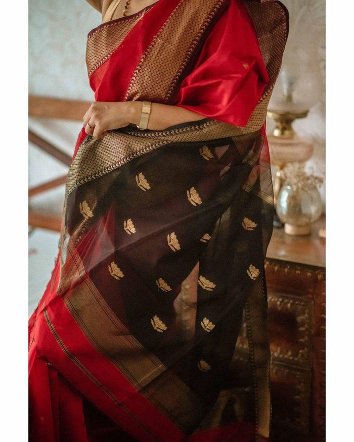 Red Jacquard Saree – Elegant Festive Wear with Rich Woven Detailing
