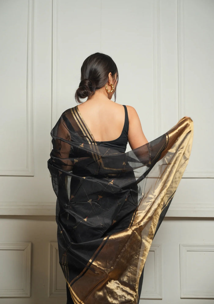 Elegant Black Cotton Silk Saree – Soft Linen Feel with Rich Jacquard Pallu