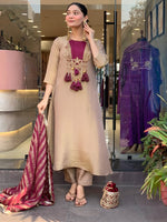 Premium Beige & Wine Designer Kurta Pant Dupatta Set