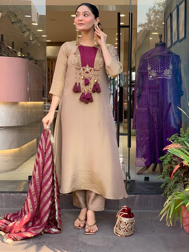 Premium Beige & Wine Designer Kurta Pant Dupatta Set
