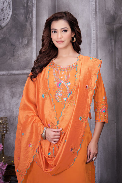 Orange Roman Silk Kurti Pant Set