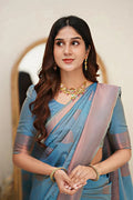 Serene Sky Blue Jacquard Saree – Elegant Woven Design for Festive & Party Wear