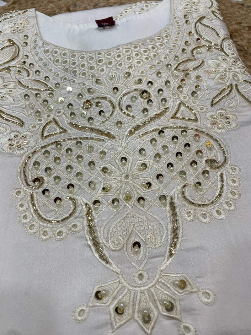 White Heavy Viscose Roman Silk Embroidered Kurti Pant Dupatta Set