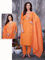 Orange Roman Silk Kurti Pant Set