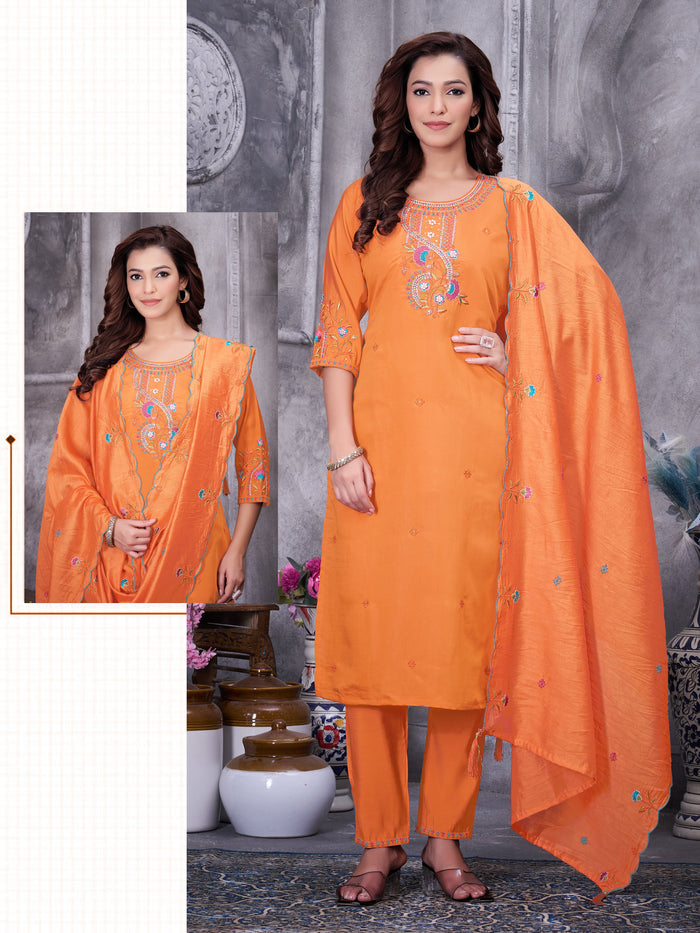 Orange Roman Silk Kurti Pant Set