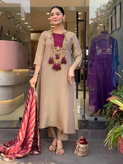 Premium Beige & Wine Designer Kurta Pant Dupatta Set