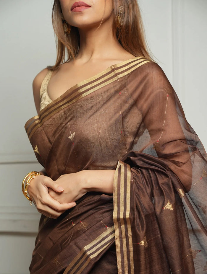 pure silk Classy Brown Colour Saree, Shining Party Wear