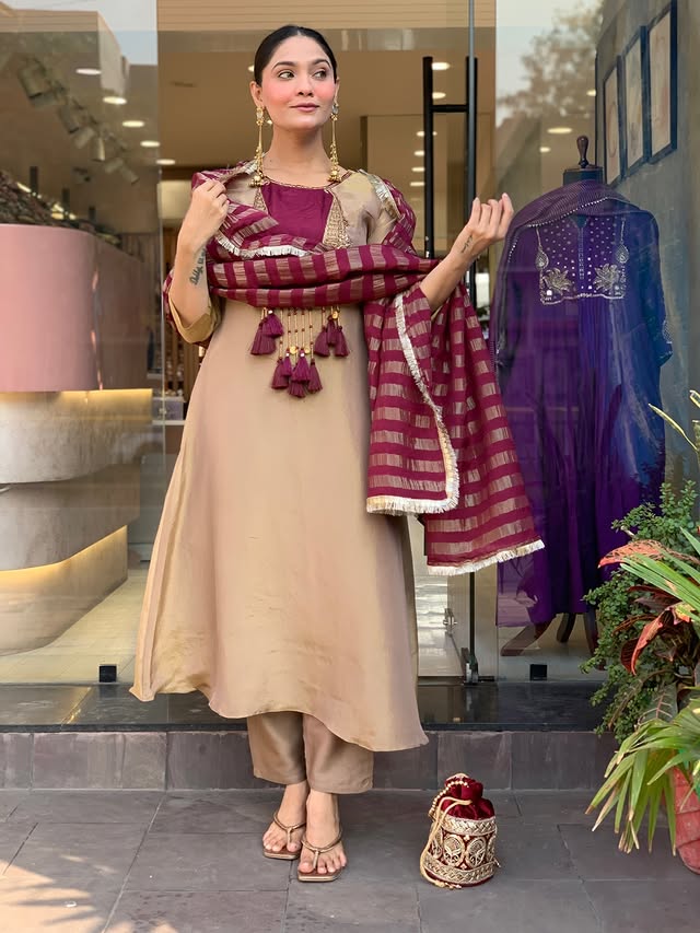 Premium Beige & Wine Designer Kurta Pant Dupatta Set