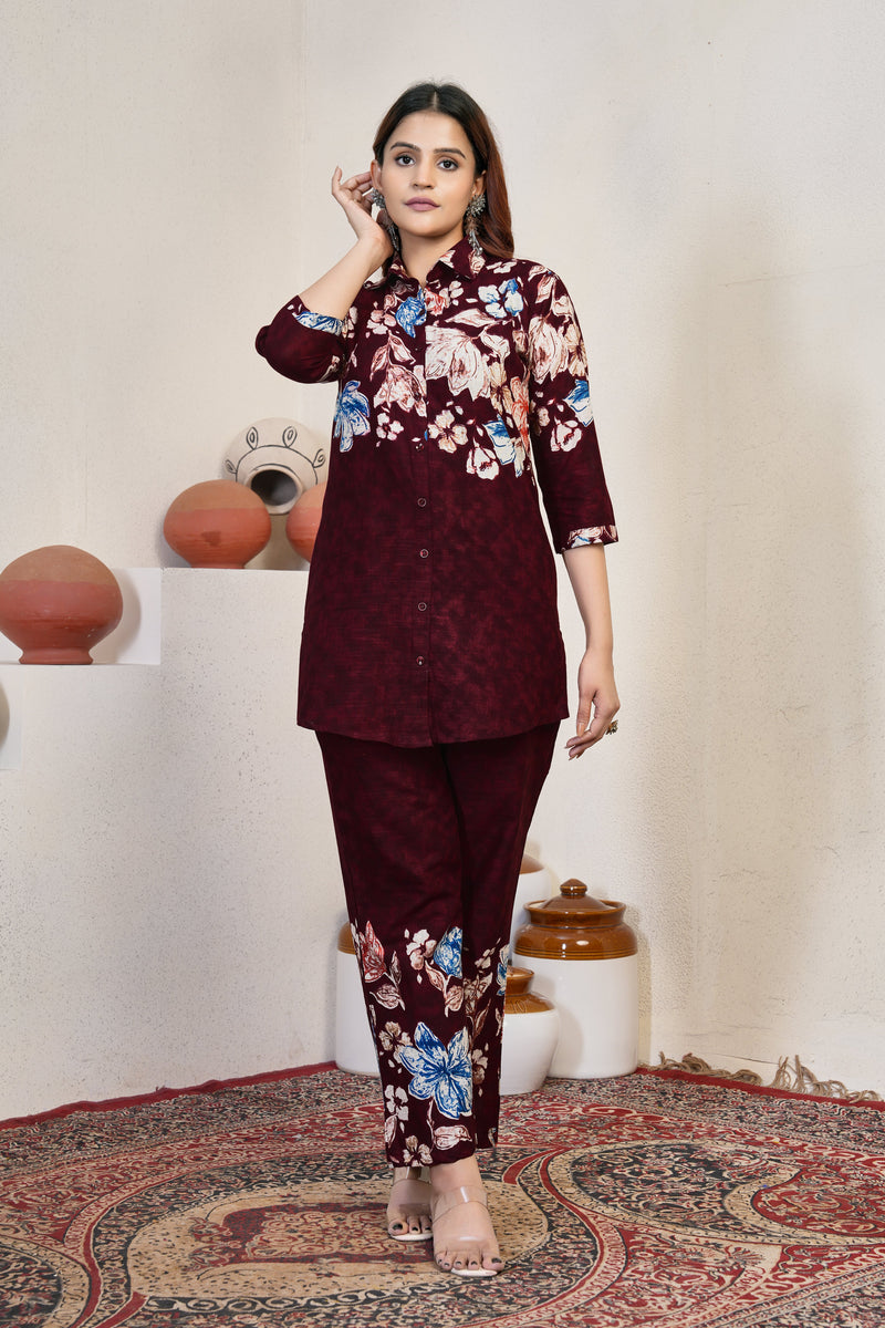 Wine Maroon Pure Cotton Printed Co-Ord Set