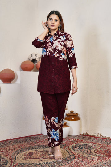 Wine Maroon Pure Cotton Printed Co-Ord Set