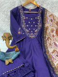 Elegant Navy Blue Premium Marina Silk Embroidered Kurti Pant Dupatta Set