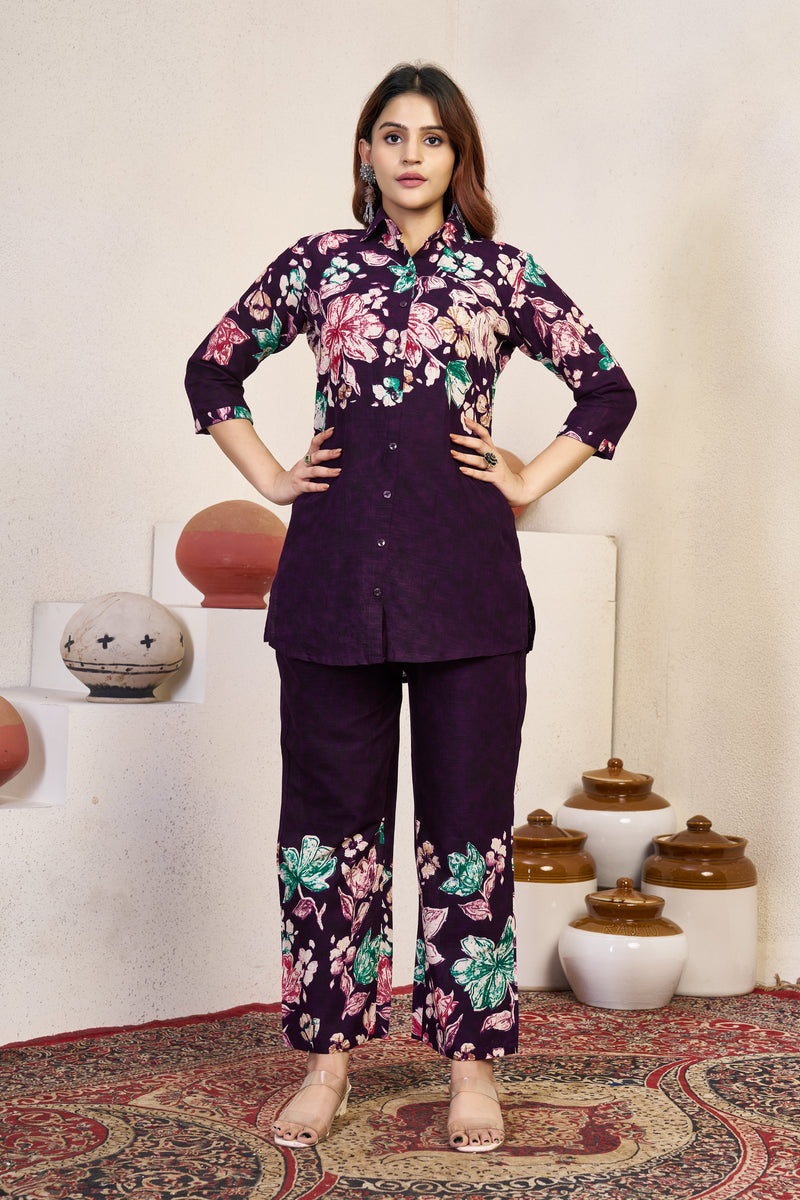 Plum Purple Pure Cotton Printed Co-Ord Set