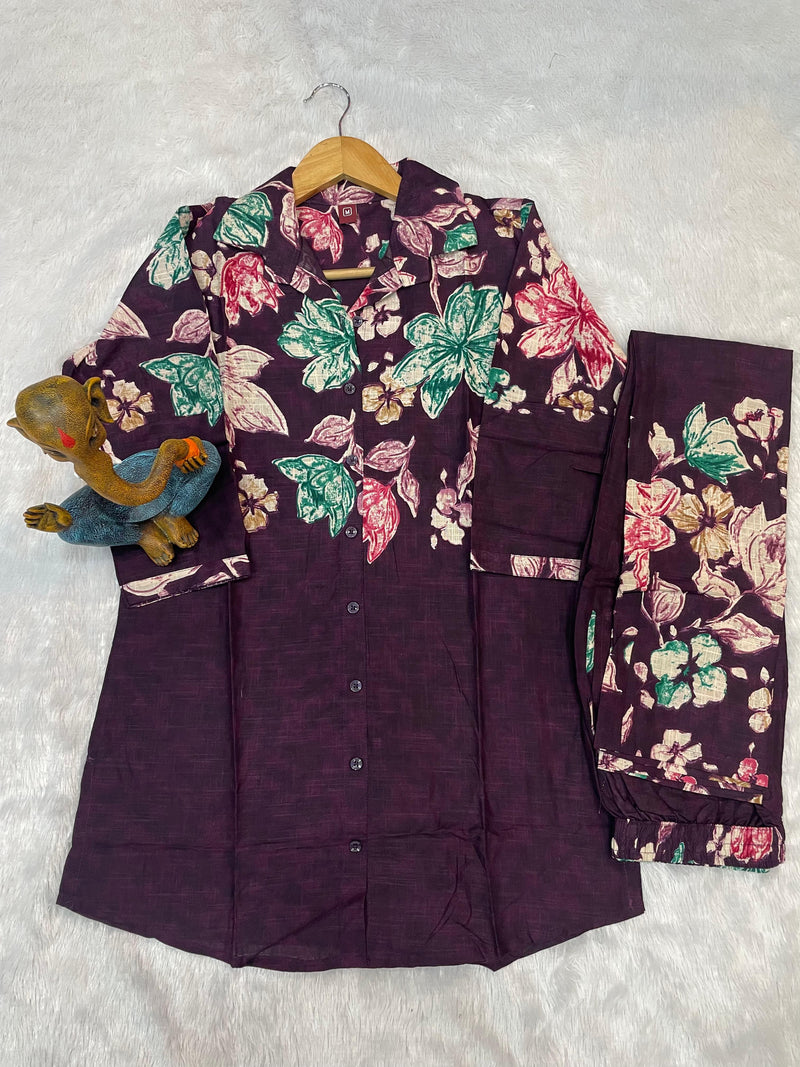 Plum Purple Pure Cotton Printed Co-Ord Set