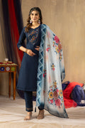 Viscose Navy Blue Embroidered Kurti Pant Dupatta Set