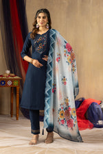 Viscose Navy Blue Embroidered Kurti Pant Dupatta Set