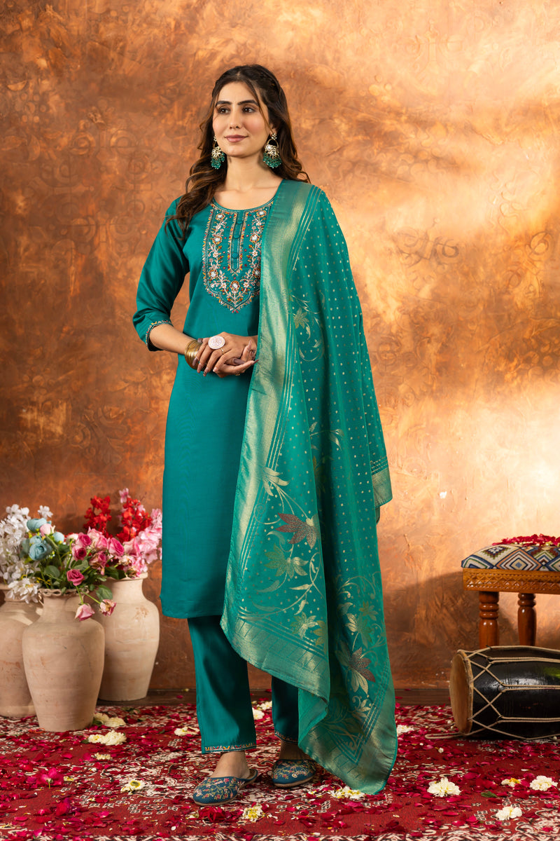 Rama Green Marina Silk Multi Embroidered Suit Set