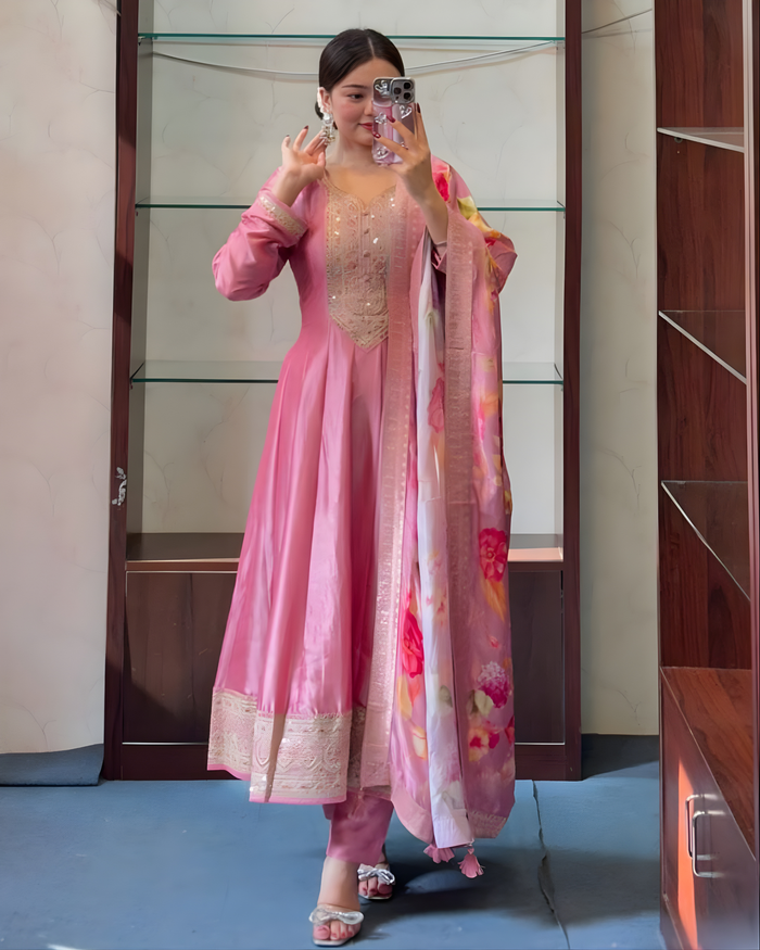 Priya Anarkali Flared Banana Silk Kurti Pant Dupatta Set
