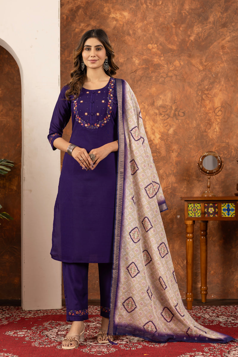 Women’s Purple Embroidered Kurta Set with Printed Dupatta