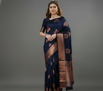 Navy Blue Jacquard Saree – Elegant Woven Saree for Festive & Formal Occasions