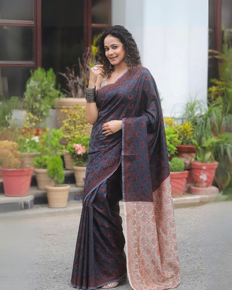 Elegant Navy Blue Jacquard Saree