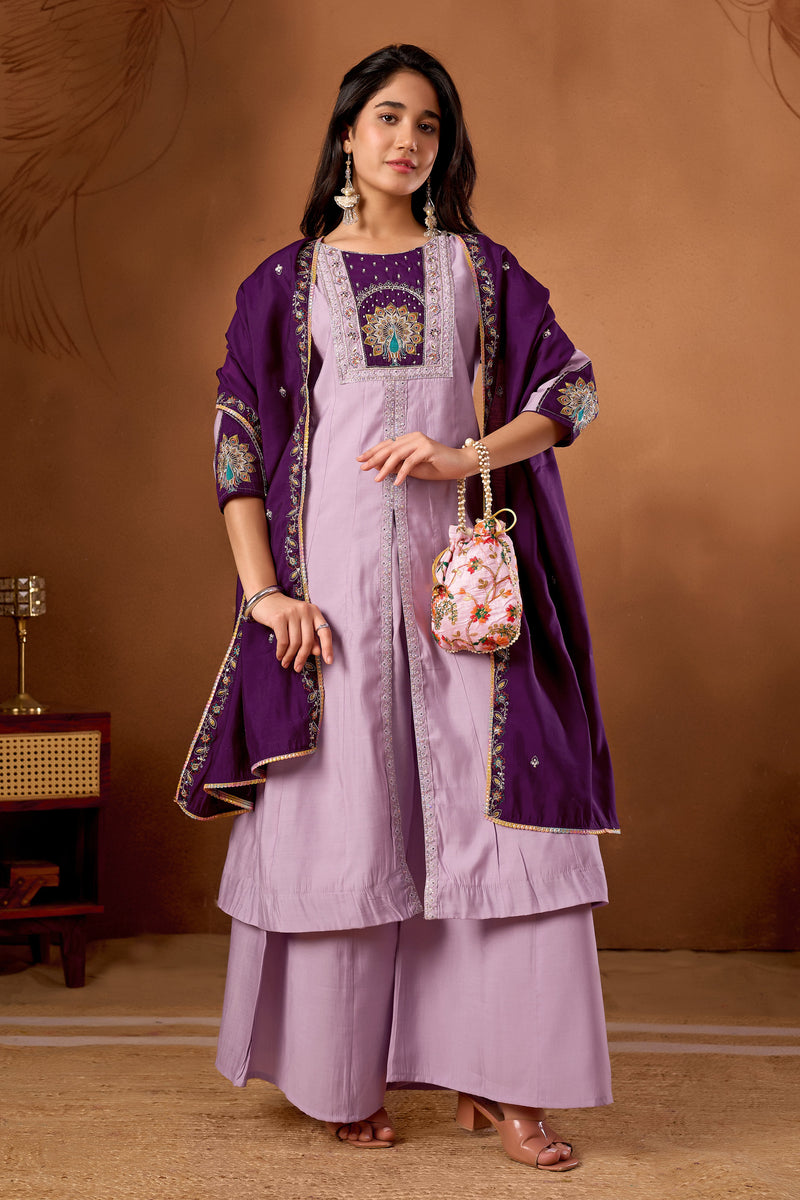 Elegant Light Lovender Roman Silk Kurti Set