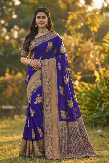 Royal Blue Jacquard Silk Saree with Luxurious Woven Motifs | Premium Festive Elegance