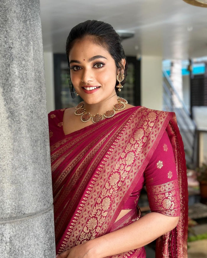 Luxurious Dark Maroon Jacquard Saree for Women – Premium Festive & Wedding Wear