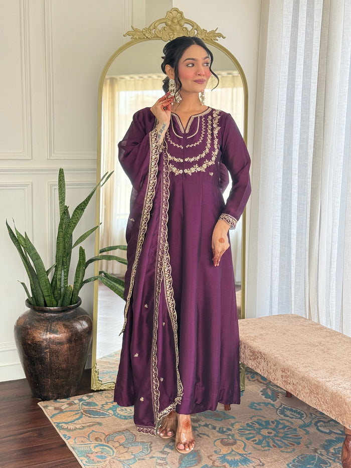 Wine Purple Vichitra Silk Anarkali Kurta Set