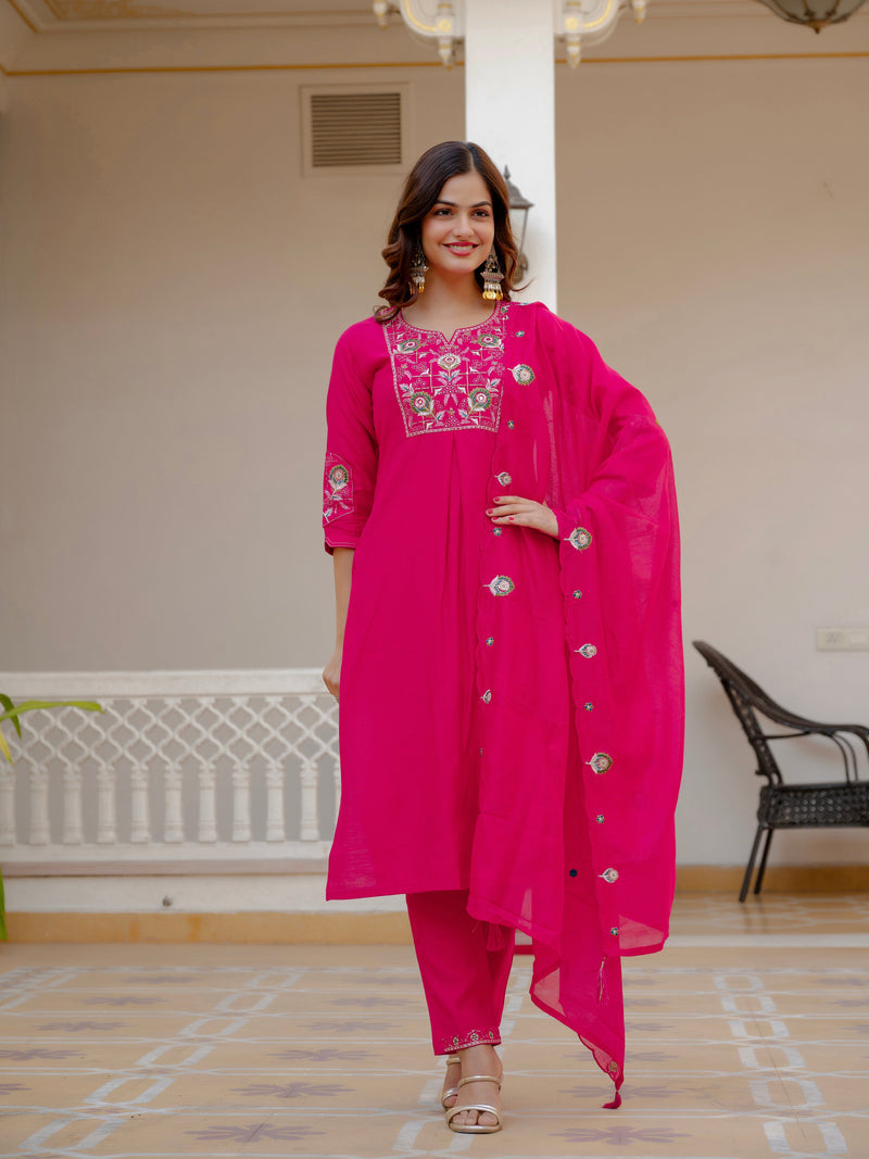 Pink Viscose Mango Silk Embroidered Kurti Set