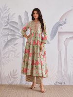 Green Floral Jaipuri Cotton Flared Anarkali Suit Set