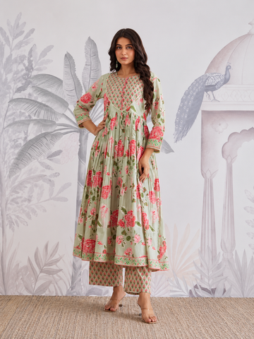 Green Floral Jaipuri Cotton Flared Anarkali Suit Set
