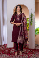 Wine Marina Viscose Silk Multi Embroidered Suit Set