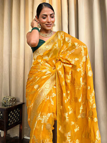 Radiant Yellow Jacquard Saree for Festive Elegance – Premium Woven Traditional Wear