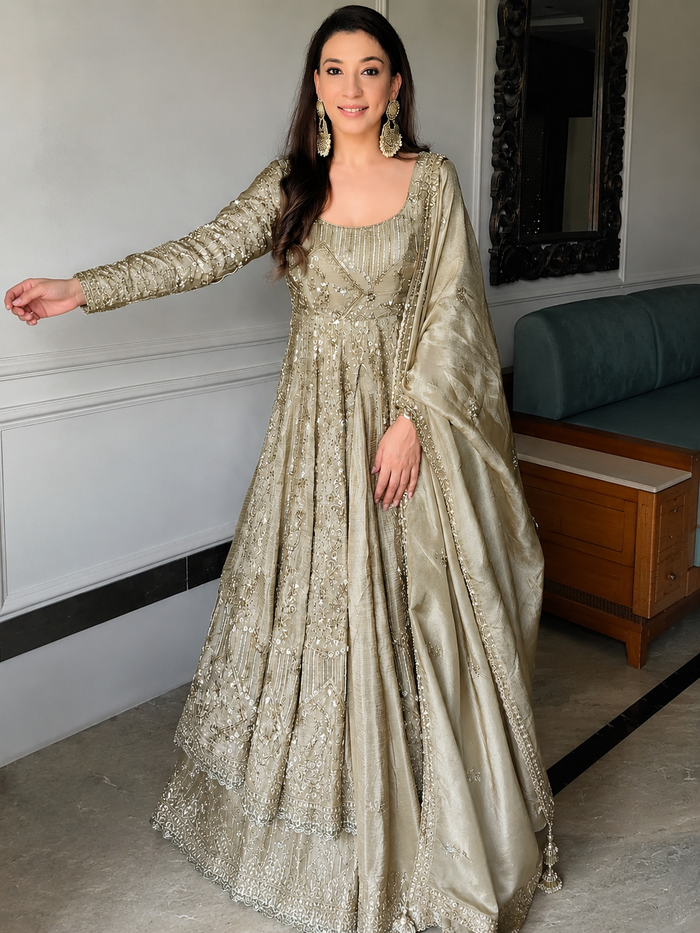 Grey Embroidered Anarkali Gown Set