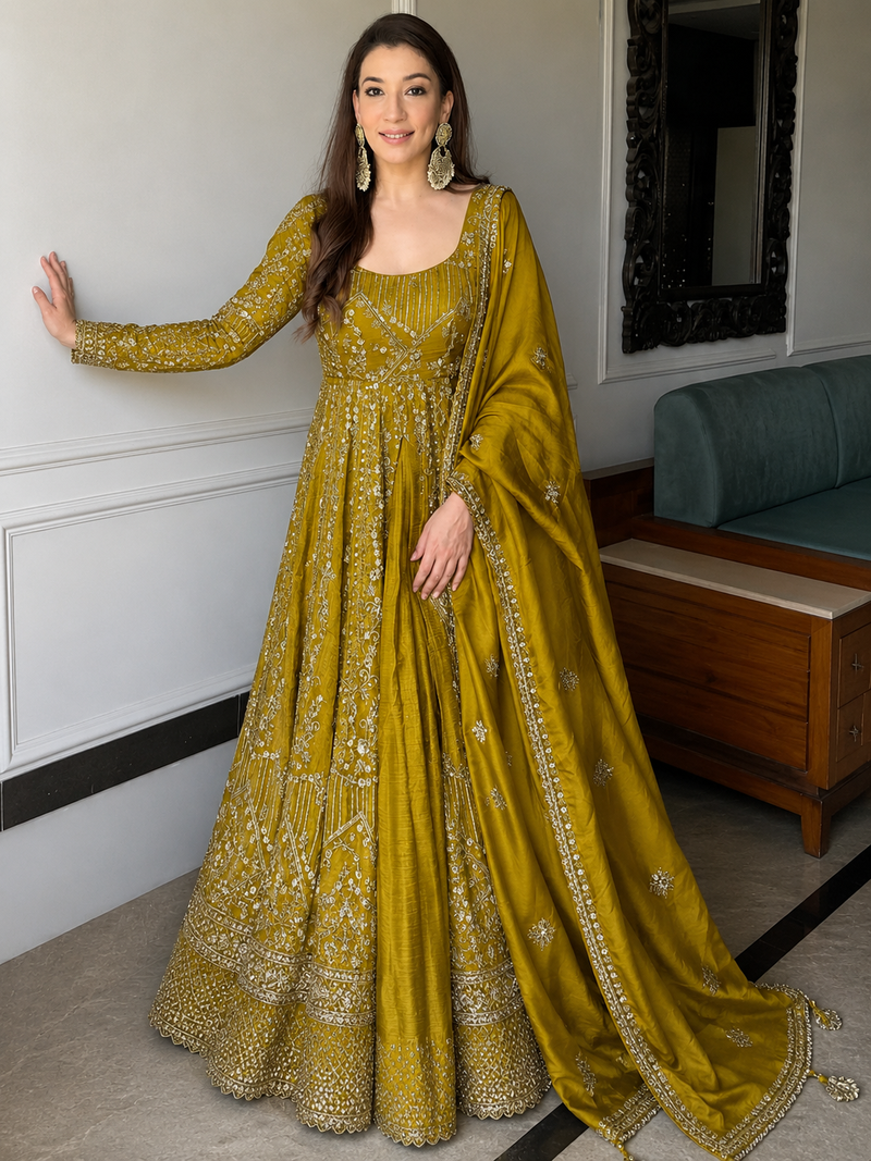 Mustard Embroidered Anarkali Gown Set