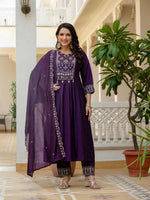 Purple Viscose Roman Silk Anarkali Kurti Pant Set