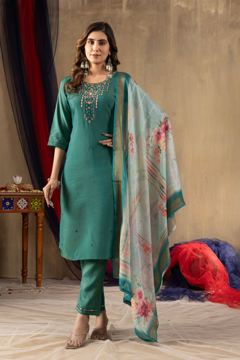 Rama Green Shimmer Gold Silk Multi Embroidered Suit Set