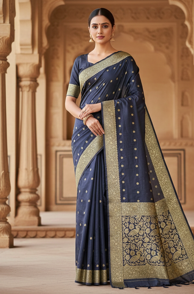 Navy Blue Jacquard Saree for Women – Premium Festive & Elegant Party Wear