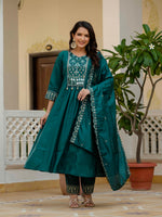 Teal Viscose Roman Silk Anarkali Kurti Pant Set