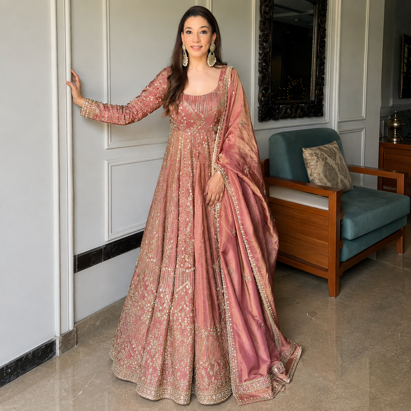 Rose Gold Embroidered Anarkali Gown Set