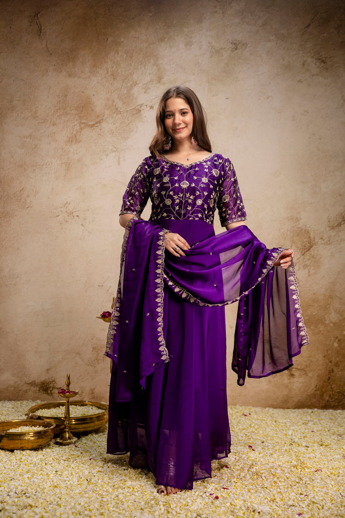Purple Embroidered Chinon Anarkali Dress