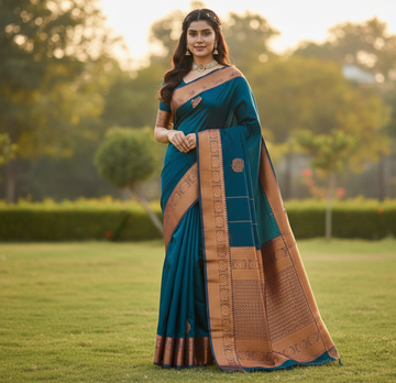 Elegant Teal Blue Jacquard Saree for Timeless Festive & Wedding Style