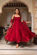 Red Satin Anarkali Suit Set with Embroidered Georgette Dupatta