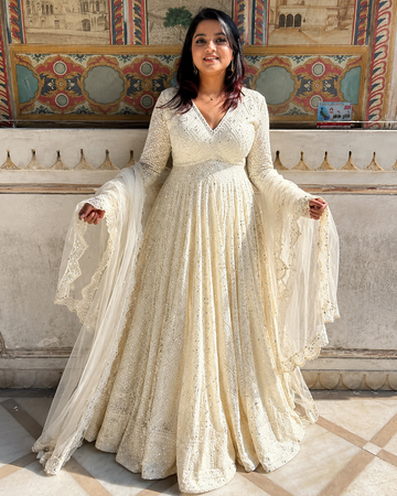 Ivory Mirror Work Georgette Anarkali Suit Set
