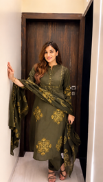 Pure Cotton Green Patchwork A-Line Kurta Pant Dupatta Set