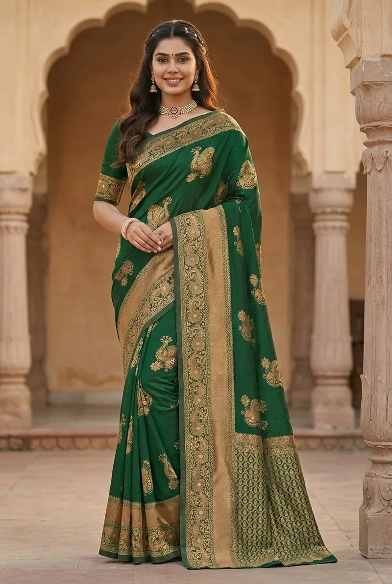 Emerald Green Jacquard Silk Saree with Luxurious Woven Art | Festive & Wedding Elegance