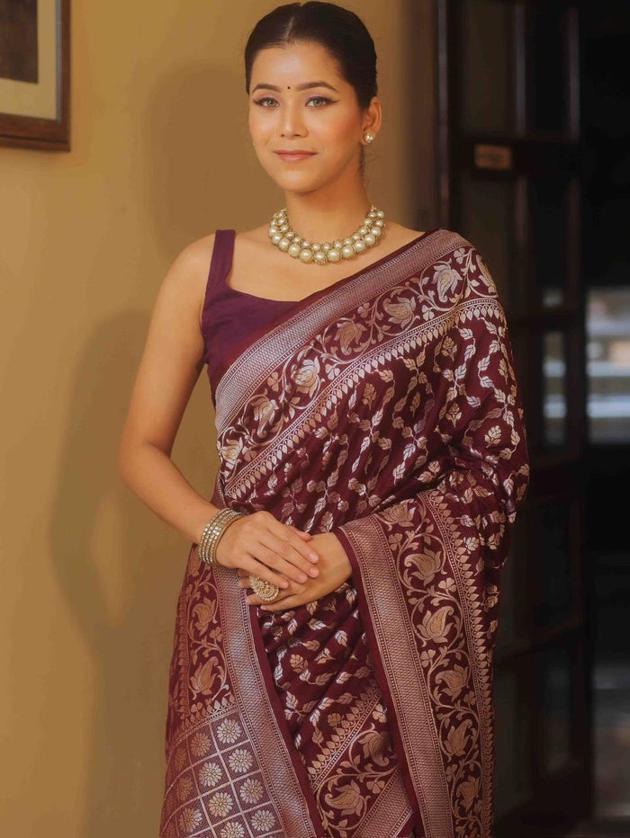 Luxurious Wine Jacquard Saree – Premium Festive & Wedding Wear